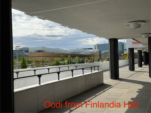 Oodi seen from Aalto's Finlandia Hall