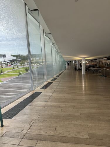 Oodi: facing the public parks and Finlandia Hall