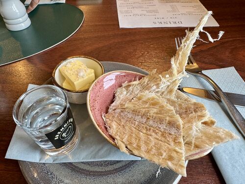 Local delicacy (made bearable by salted butter and dipping into the soup broth. Plus the alcohol.