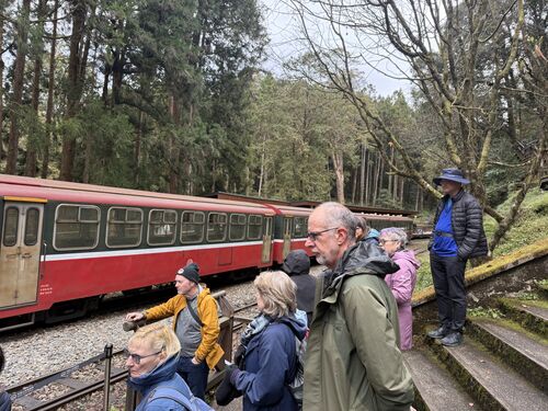 Waiting to cross the tracks for our return trip